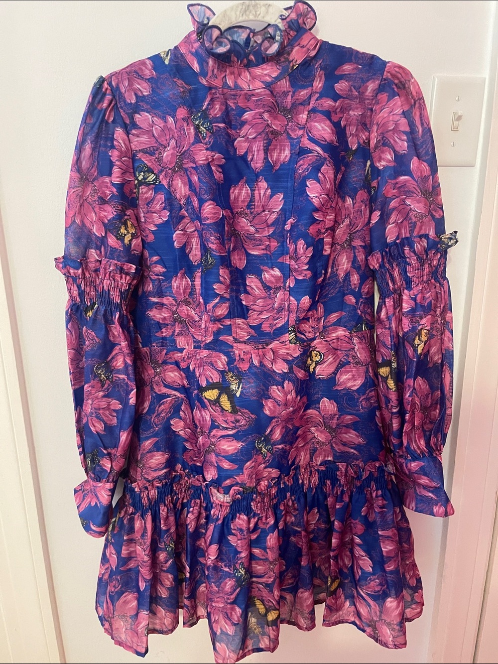 Floral Ruffle Neck Long Sleeved Mini Dress